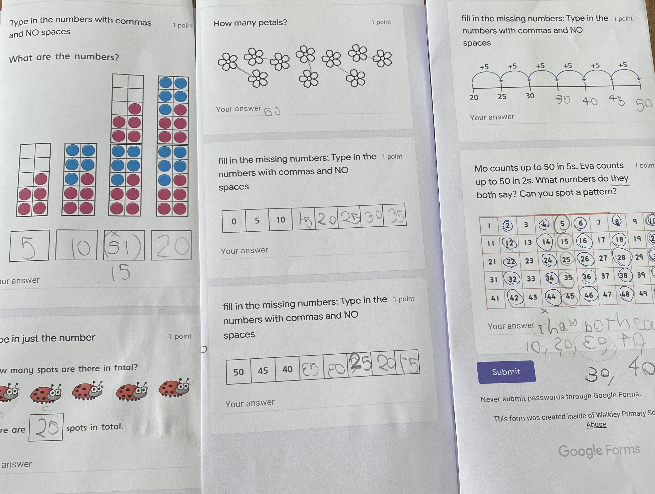 Great counting in 5s. I love how you've used brackets and a cross to correct your numbers.